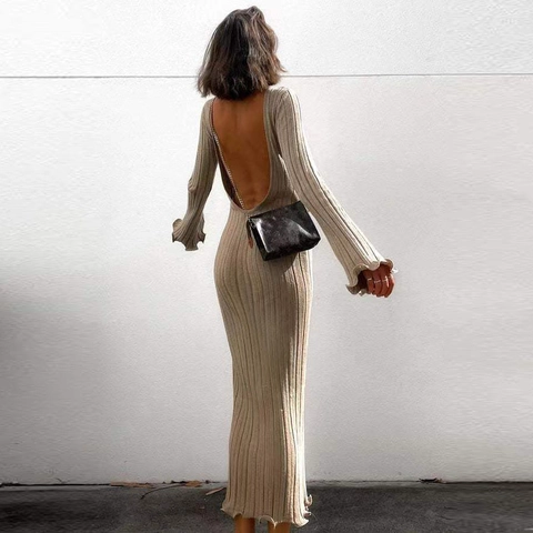 Vrouwen Sexy Open Rug Gebreide Maxi Jurk Geribbelde Lange Mouwen Ruffle Bodycon Jurk Elegant Hoge Taille Slim Fit Party