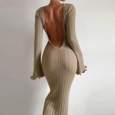 Vrouwen Sexy Open Rug Gebreide Maxi Jurk Geribbelde Lange Mouwen Ruffle Bodycon Jurk Elegant Hoge Taille Slim Fit Party