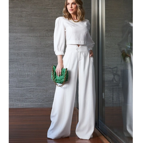Conjunto Elegante de Mujer con Cuello Redondo Mangas Abullonadas Top Corto y Pantalones de Pierna Ancha de Talle Alto Color Sólido Casual