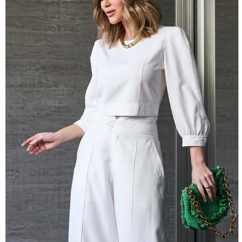 Conjunto Elegante de Mujer con Cuello Redondo Mangas Abullonadas Top Corto y Pantalones de Pierna Ancha de Talle Alto Color Sólido Casual