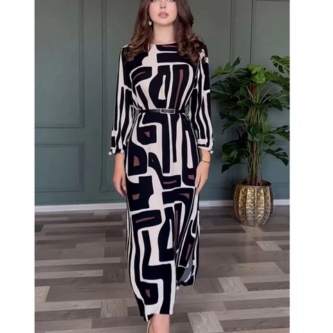 Elegantes Geometrisches Abstraktes Muster Maxikleid Damen Langarm Rundhals Schlanke Passform Kleid Mit Gürtel Büro Damen Mode