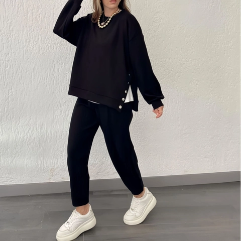 Sudadera Casual para Mujer y Joggers Color Sólido Cuello Redondo Manga Larga con Botones Metálicos Laterales Conjunto Deportivo Urbano