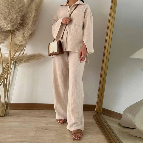 Ensemble Top Et Bottom Femme En Tissu Froissé Chemise Manches Longues Et Pantalon Large Taille Haute Décontracté Bureau Mode