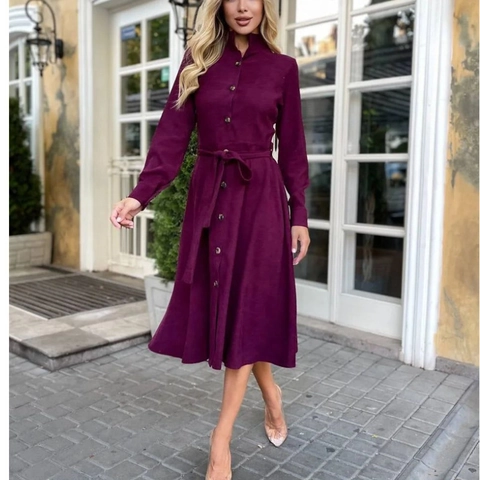 Women's Elegant Long Sleeve Shirt Dress Solid Color Single Breasted Midi Dress With Belt For Autumn Winter Fashion
