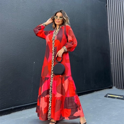 Robe Maxi Patchwork en Polyester Bohème Imprimé Géométrique Léopard Manches Longues Col en V à Étages pour Femme