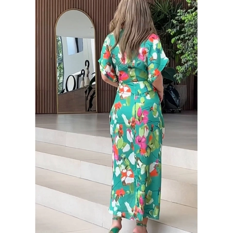 Vestido Largo de Satén con Estampado Floral Verde Elegante para Mujer Cuello de Camisa Manga Corta Botones Dobladillo Irregular