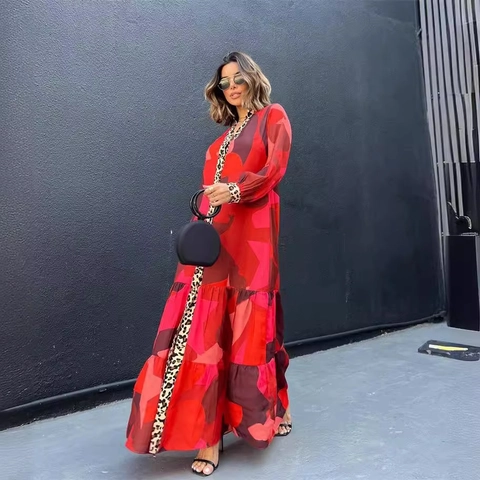 Robe Maxi Patchwork en Polyester Bohème Imprimé Géométrique Léopard Manches Longues Col en V à Étages pour Femme