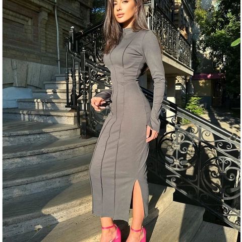 Vestido Maxi Elegante de Mujer con Cuello Alto y Manga Larga Ajustado Paneles de Punto Corte Slim Tubo Casual Fiesta Color Sólido