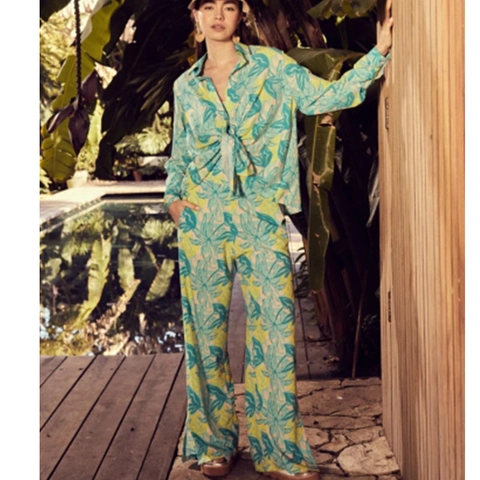 Damen Tropisch Palmblatt Print Hemd Und Hose Set Polyester Langarm Bindegürtel Top Schlitz Weite Hose Casual Outfits