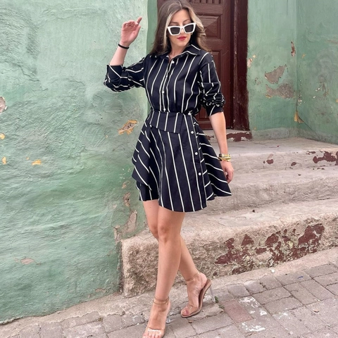 Vestido Camisero de Mujer Rayas Negras y Blancas Manga Larga Con Cinturón Elegante Dobladillo Asimétrico Vestido Línea A Oficina