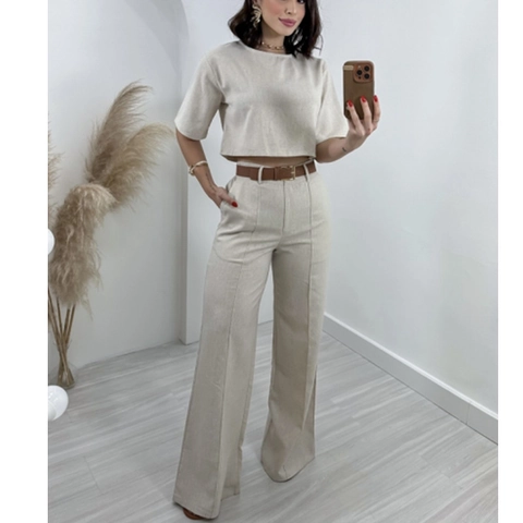 Ensemble Femme Décontracté en Coton et Lin Couleur Unie Col Rond Manches Courtes Crop Top et Pantalon Large Taille Haute