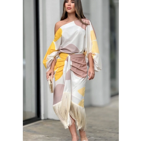 Damen Asymmetrische Ein-Schulter Abstrakt Druck Zweiteiler Laternenärmel Oberteil Und Quasten Fransen Saum Rock Elegantes Outfit