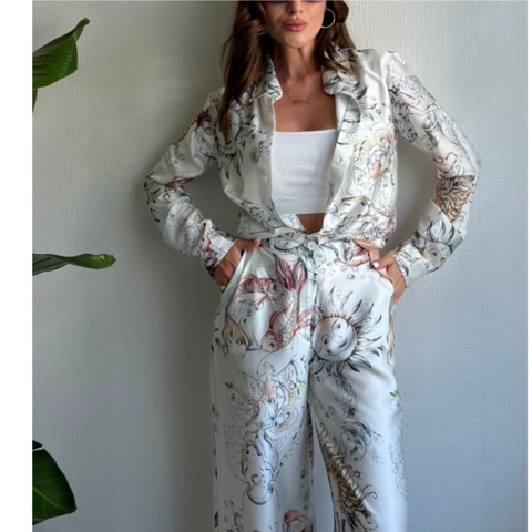 Vintage Hemelse Print Shirt Met Lange Mouwen En Wijde Pijpen Set Dames Satijn Look Casual Vakantie Mode Outfit
