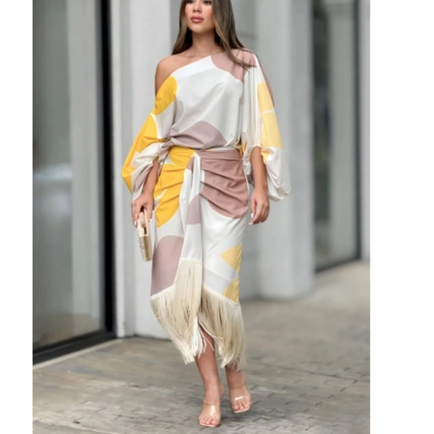 Damen Asymmetrische Ein-Schulter Abstrakt Druck Zweiteiler Laternenärmel Oberteil Und Quasten Fransen Saum Rock Elegantes Outfit