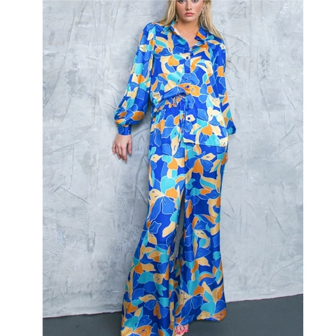 Dames Casual Bloemenprint Set Van Twee Stuks Satijnen Afwerking Pofmouwen Overhemd En Wijde Pijpen Broek Blauw