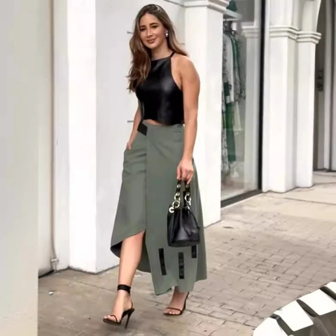 Women Fashion PU Leather Halter Crop Top And Olive Green Irregular Midi Skirt Outfit Elegant Streetwear Outfits