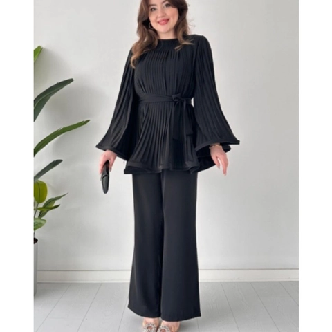 Women Pleated Two-Piece Set Bell Sleeve Round Neck Top Wide Leg Pants Casual Elegant Solid Color Polyester Clothing Suit