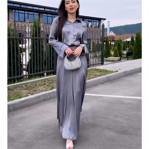 Damen Elegant Satin Zweiteiler Outfit Langarm Knopf Hemd Und Hohe Taille A-Linie Maxirock Silber Grau Anzug