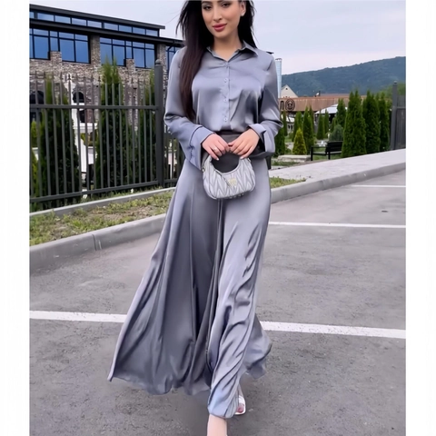 Damen Elegant Satin Zweiteiler Outfit Langarm Knopf Hemd Und Hohe Taille A-Linie Maxirock Silber Grau Anzug