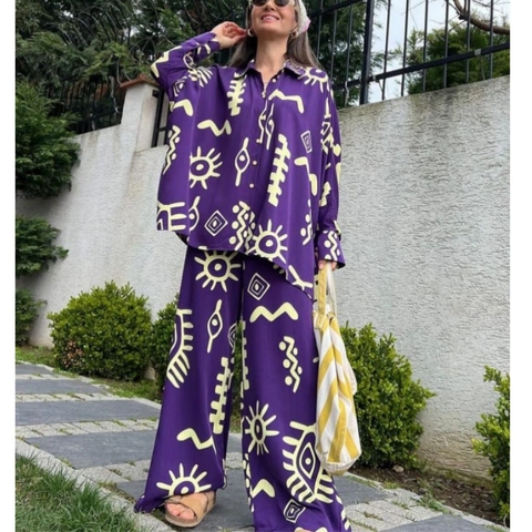 Donna Moda Stampa Astratta Camicia Manica Lunga Larga E Pantaloni Gamba Larga Vita Alta Set Casual