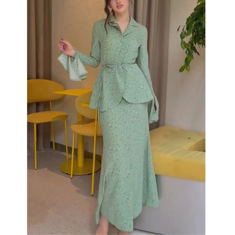 Elegant Floral Print Long Sleeve Top And Maxi Skirt Outfit For Women Flare Sleeve Tie Waist Summer Autumn Co-ords Suit