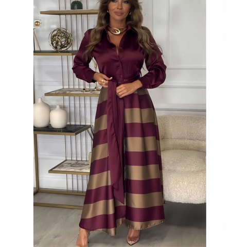 Abito Maxi Donna Elegante in Raso Finto Due Pezzi Manica Lunga Abito Camicia a Righe Con Cintura in Vita Moda Festa