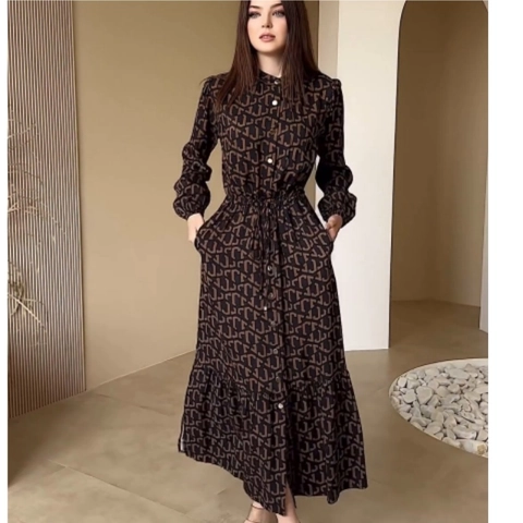 Abito a Camicia Lungo Vintage con Stampa Monogramma Maniche Lunghe Vita con Coulisse Elegante Collo alla Coreana Monopetto Donna