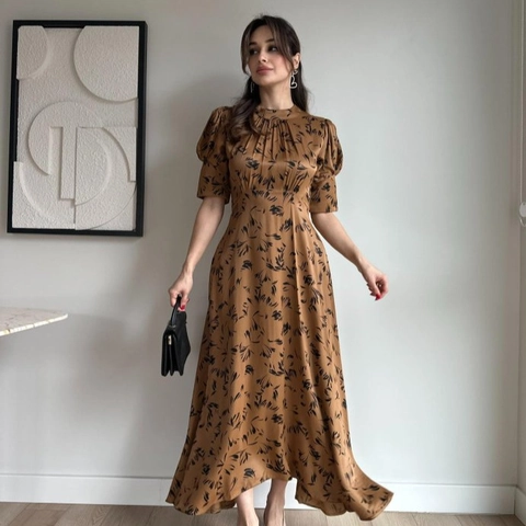 Dames Elegante Satijnen Maxi-Jurk Bloemenprint Pofmouwen Opstaande Kraag Hoge Taille A-Lijn Lange Partyjurk