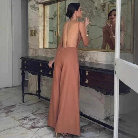 Women Sexy Backless Wide Leg Jumpsuit Square Neck Sleeveless Spaghetti Strap High Waist Long Romper Solid Color Party Outfit