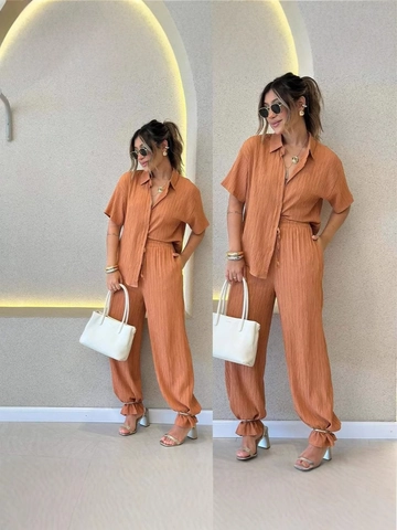 Women Casual Pleated Two Piece Set Lapel Short Sleeve Button Shirt Wide Leg Pants Solid Color Vacation Lounge Suit