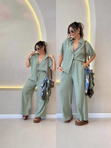 Women Casual Pleated Two Piece Set Lapel Short Sleeve Button Shirt Wide Leg Pants Solid Color Vacation Lounge Suit