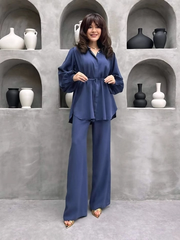 Damen Casual Zwei-Teiler Set Satin-Look Laternenärmel Bindegürtel Hemd Und Weites Bein Hose Einfarbig Lounge Wear Set