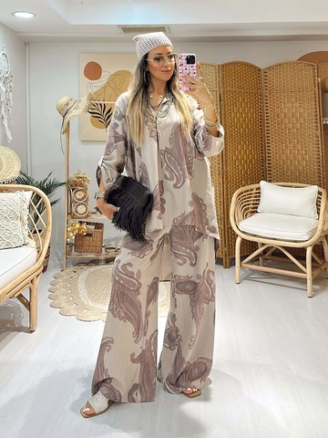 Damen Boho Paisley Druck Zwei Teiler Lässige Lockere Langarm Knopf Hemd und Kordelzug Weites Bein Hose Anzüge