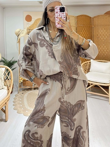 Damen Boho Paisley Druck Zwei Teiler Lässige Lockere Langarm Knopf Hemd und Kordelzug Weites Bein Hose Anzüge