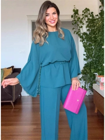 Dames Elegant Effen Kleur Top En Broek Met Wijde Pijpen Set Strass Gespleten Mouwen Herfst Outfit Met Riem