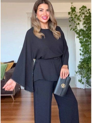 Dames Elegant Effen Kleur Top En Broek Met Wijde Pijpen Set Strass Gespleten Mouwen Herfst Outfit Met Riem