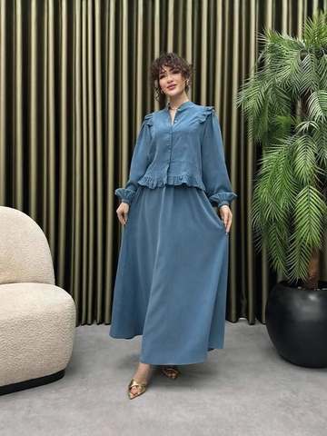 Dames Elegante Opstaande Kraag Ruffel Lange Mouw Top En Lange Rok Polyester Spandex Effen Kleur Formele Banket Outfit