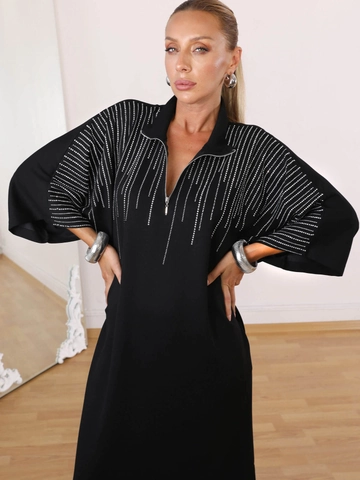Elegante Abito Lungo Kaftano Nero Con Collo Alto Mezza Cerniera Strass Abito Lungo Geometrico Abito Pullover Autunnale
