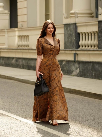 Französisches Vintage Braun Floral Maxi Kleid Für Damen Elegant Revers Puff Kurzarm Einreihig Schnürung Slim A-Linie Langes Kleid