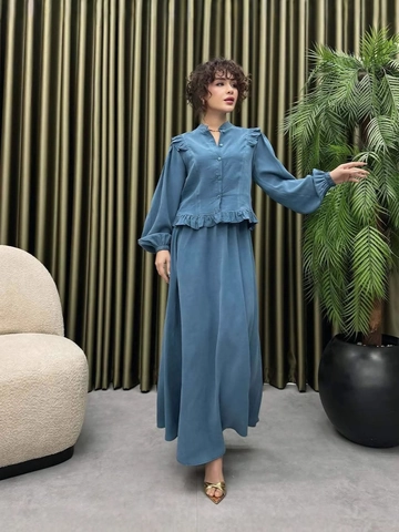Dames Elegante Opstaande Kraag Ruffel Lange Mouw Top En Lange Rok Polyester Spandex Effen Kleur Formele Banket Outfit