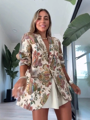 Blazer da Donna Vintage con Stampa Floreale a Maniche Lunghe Revers Slim Fit Giacca Monopetto Elegante Autunno Capispalla da Ufficio