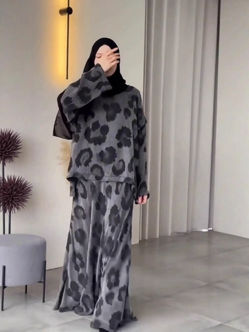 Dames Elegant Tweedelig Setje Lange Mouw Top En Lange Rok Abstracte Luipaardprint Bescheiden Moslim Mode Kleding Outfits