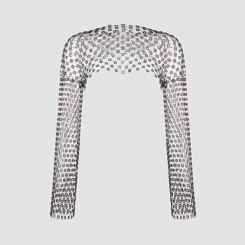 Top a Rete Sexy da Donna Traforato con Strass Fiore di Prugno Scintillante Diamante Maglietta a Maniche Lunghe per Festival Musicali