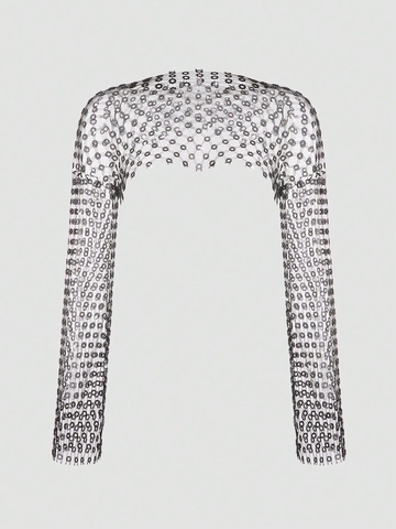 Sexy Coprispalle a Rete Nero con Strass Floreale Manica Lunga per Donna Music Festival Clubwear Hollow Out Crop Top Bolero