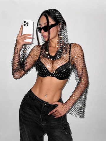 Top con Capucha de Malla de Strass Sexy para Mujer Y2K Manga Larga Calado Transparente Crop T-Shirt Party Clubwear