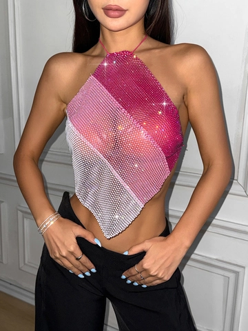 Γυναικείο Σέξι Halter Top από Δίχτυ με Στρας Εξώπλατο Patchwork Ροζ Ασημί Λαμπερό Φανελάκι για Πάρτι