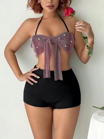 Conjunto De Fiesta Sexy Para Mujer Top Corto Y Pantalones Cortos Rojo Metálico Con Lazo De Strass Cuello Halter Para San Valentín