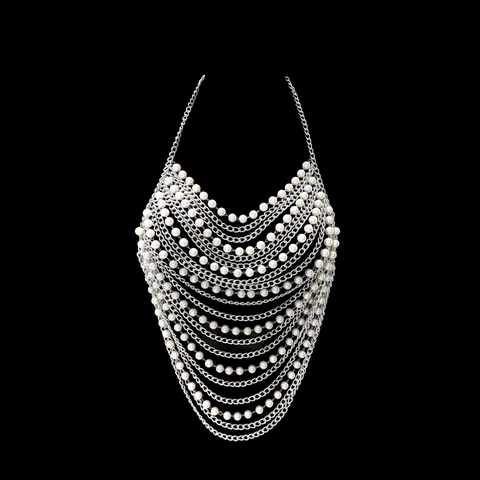 Sexy Neckholder Mehrschichtige Künstliche Perle Metallkette Körperkette Top Für Damen Nachtclub Musikfestival Party Schmuck Silber Crop Top