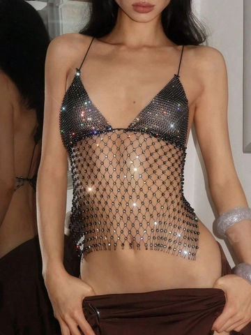 Débardeur Sexy en Maille de Filet Noire avec Strass pour Femmes Licou Transparent Dos Nu Papillon Patchwork Fête