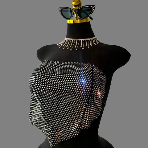 Damen Sexy Netz Pailletten Tube Top Rückenfrei Glänzend Strass Crop Top Party Club Schnüren Bandage Funkelndes Rave Top